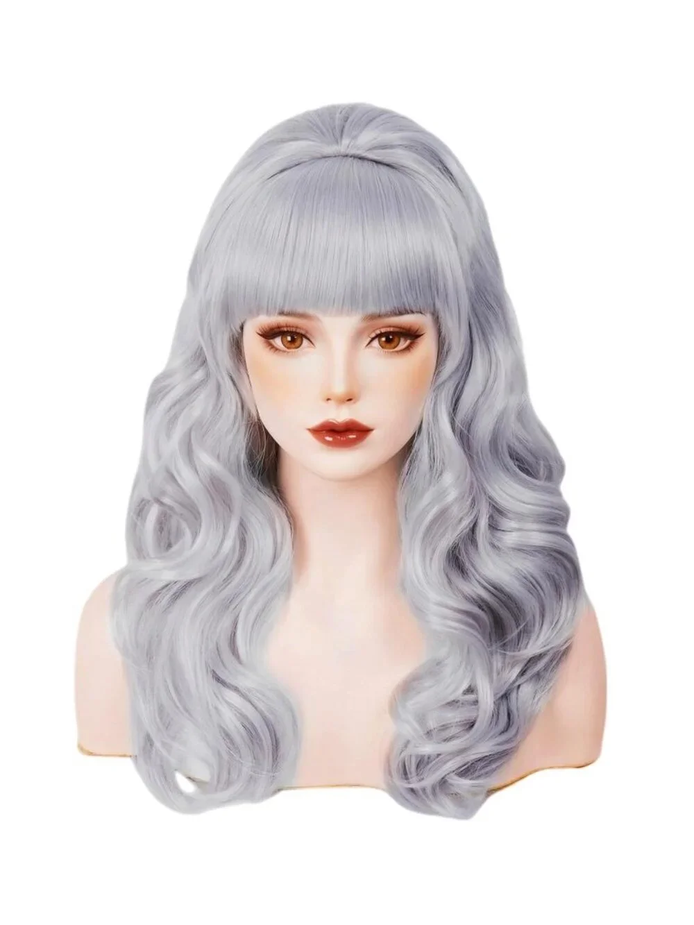 Women's Silver Heat Resistant Synthetic Fiber Retro Long Wavy Wigs Bangs